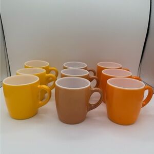 Assorted Yellow, Orange, and Brown Ceramic Vintage Milk Glass Mugs - Set of 9